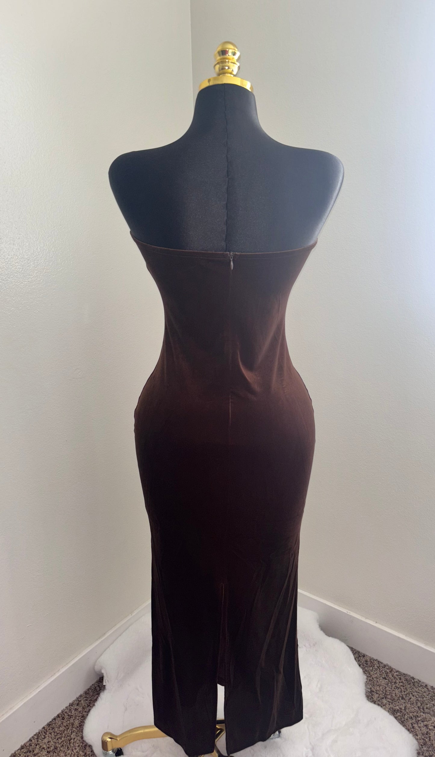 Mocha Velvet Strapless Maxi Dress