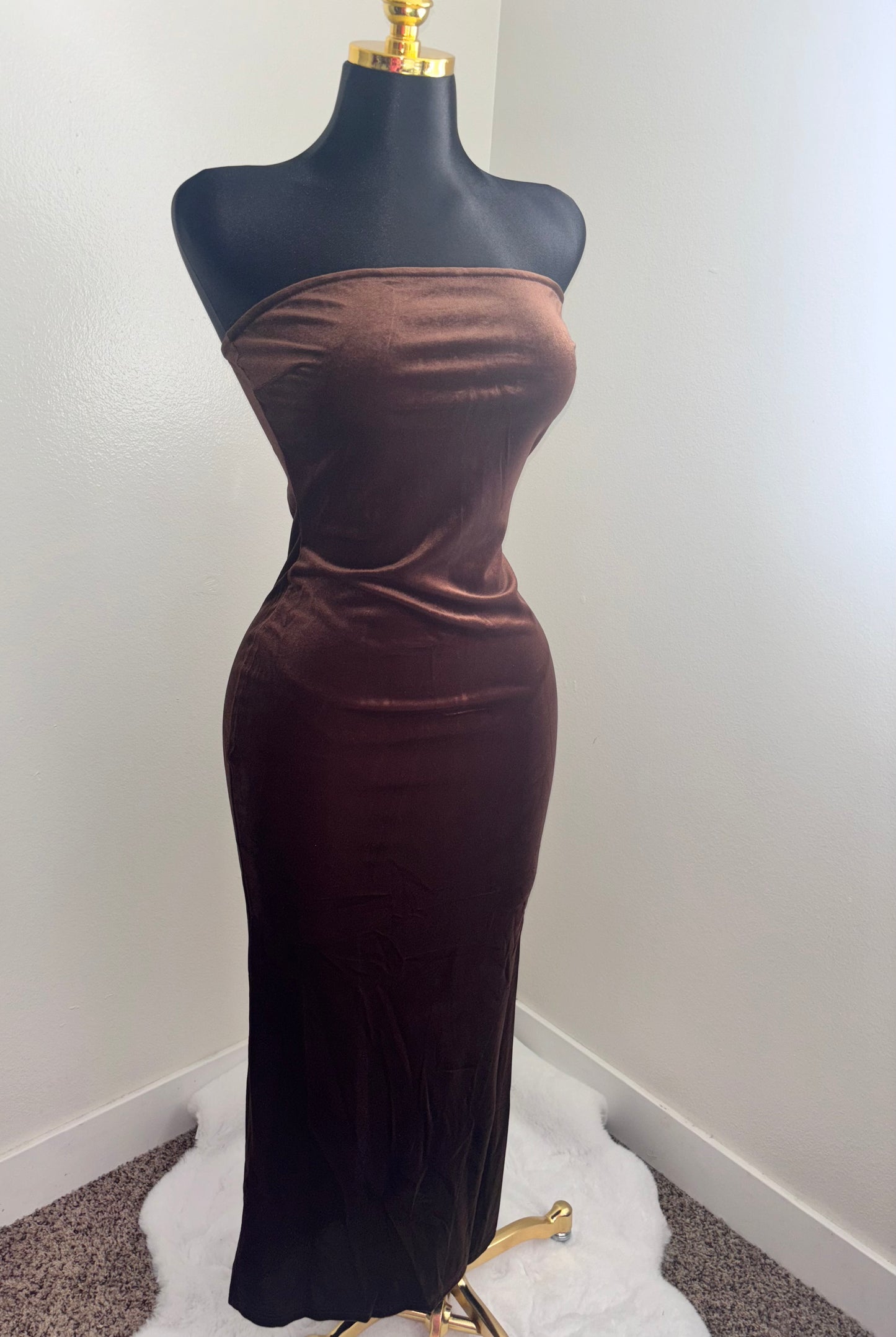 Mocha Velvet Strapless Maxi Dress