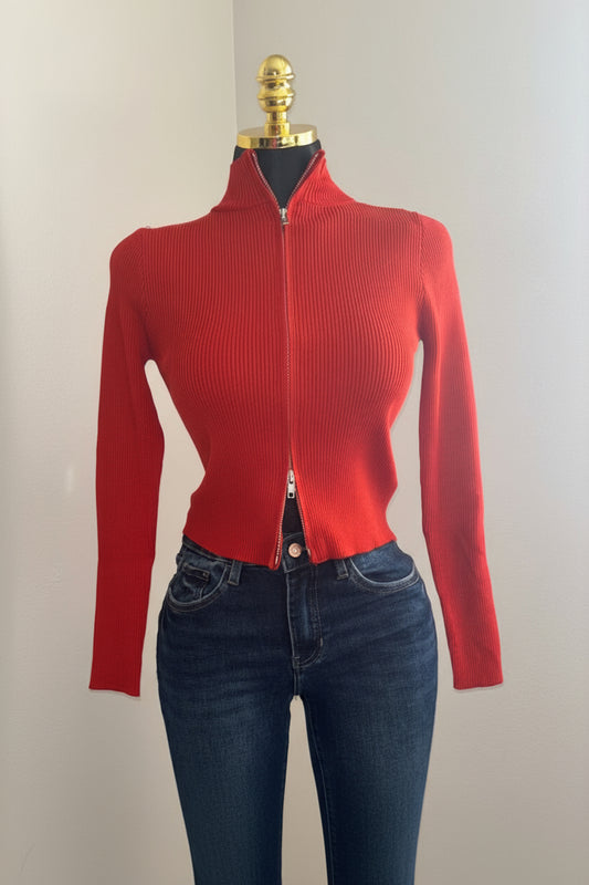 Crimson Ribbed Zip-Up Knit Top