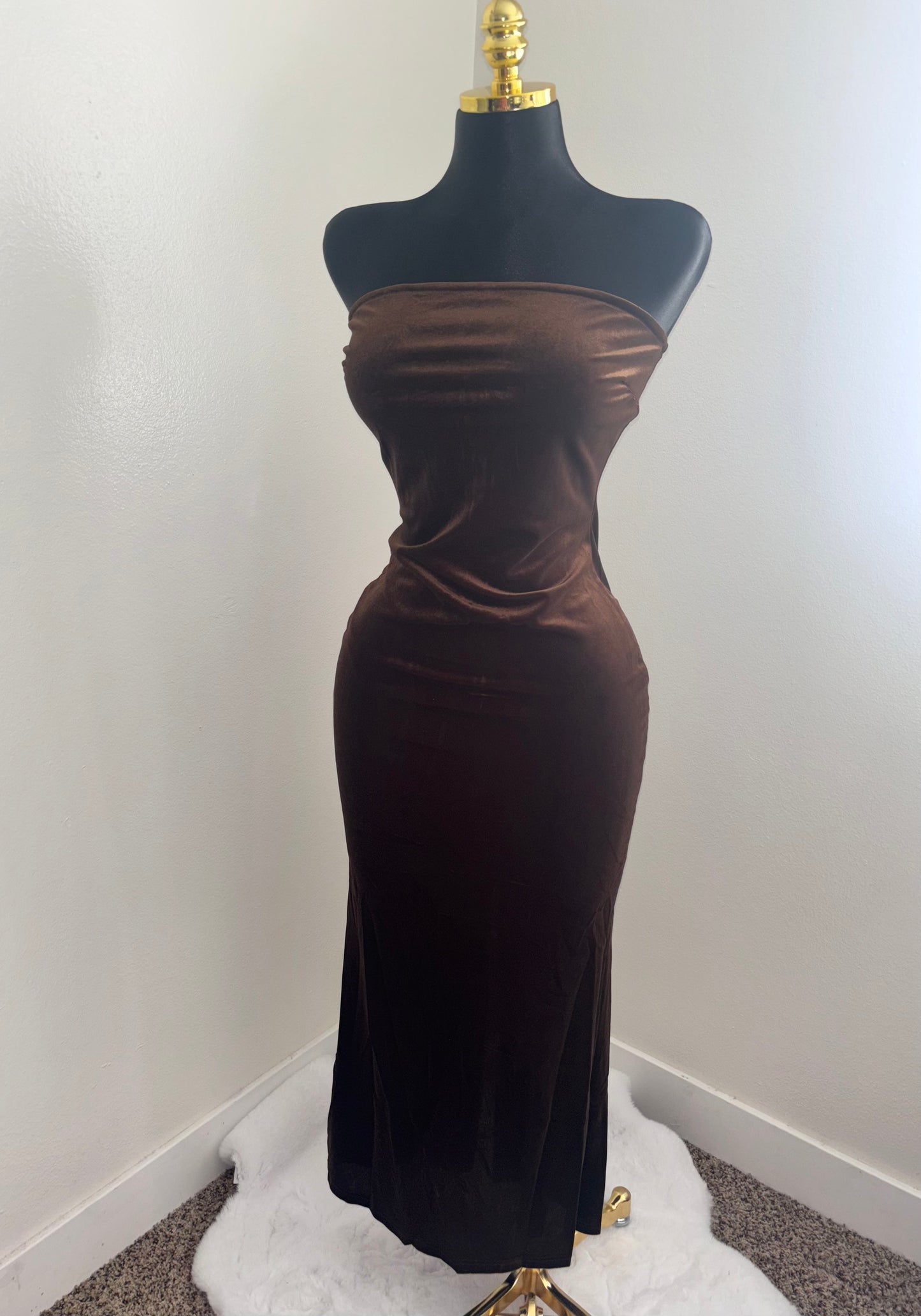 Mocha Velvet Strapless Maxi Dress
