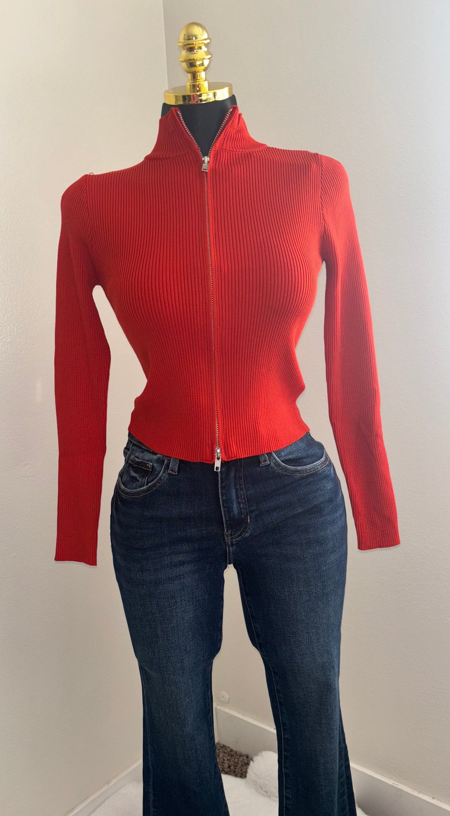 Crimson Ribbed Zip-Up Knit Top