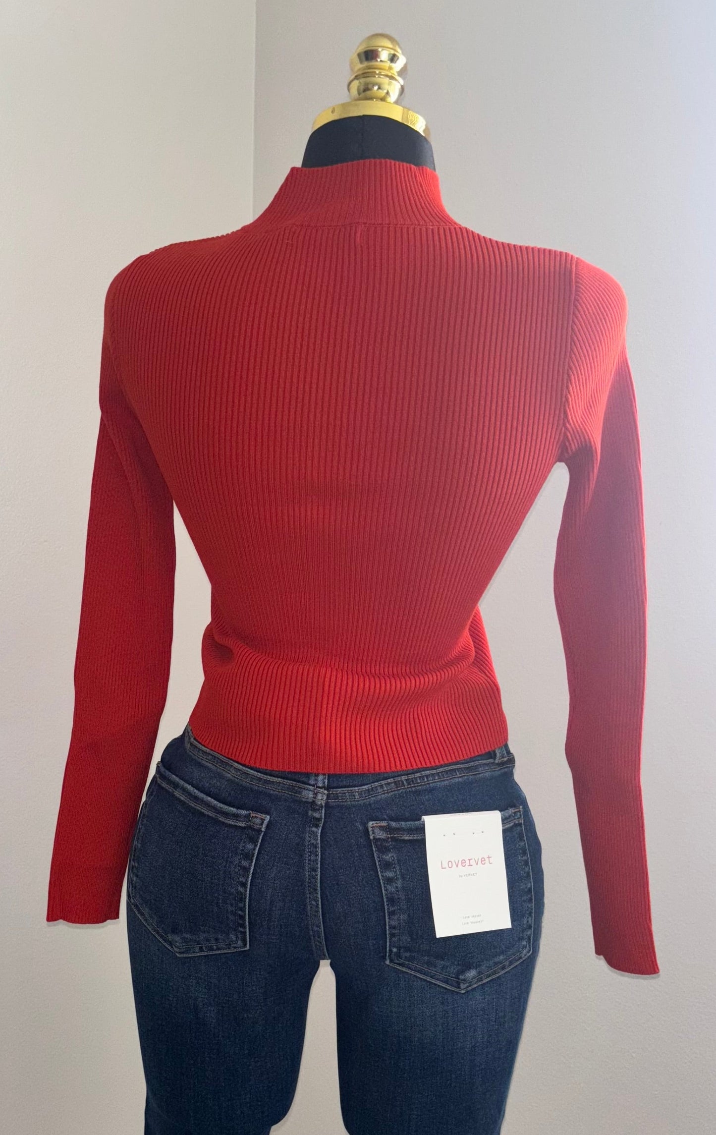 Crimson Ribbed Zip-Up Knit Top