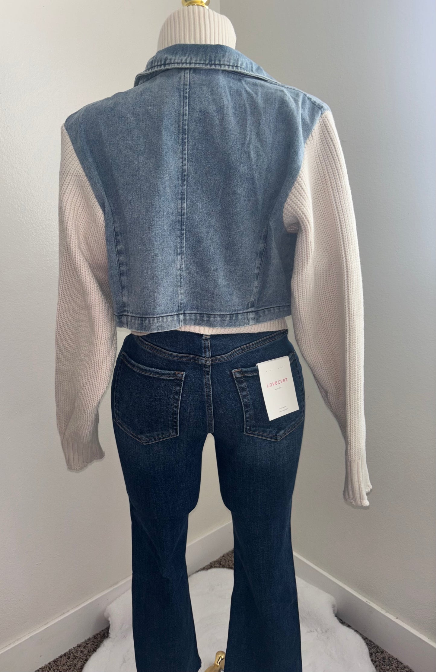 Denim Contrast Knit Sleeve Cropped Jacket
