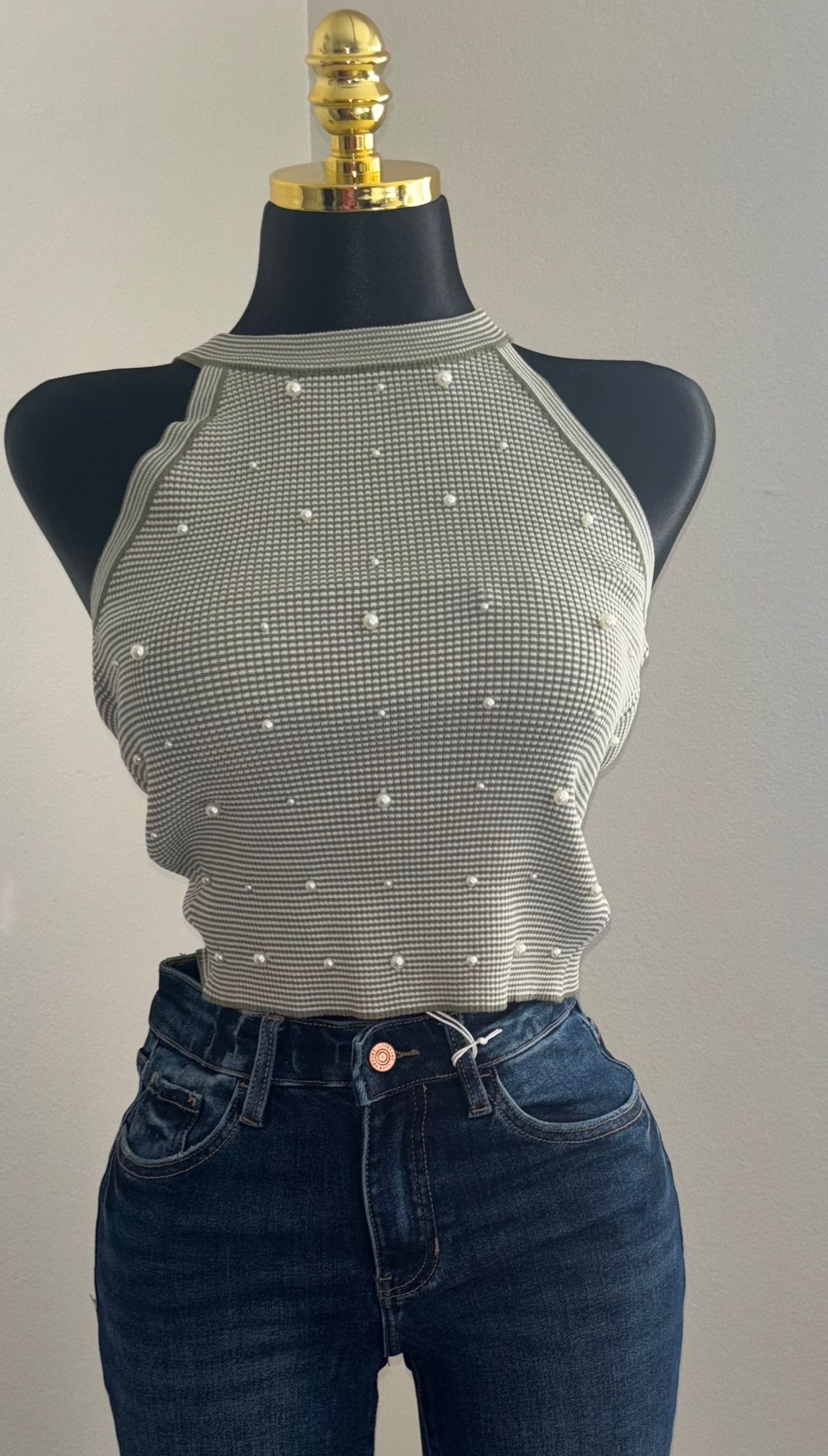 Pearl Accent Halter Knit Top