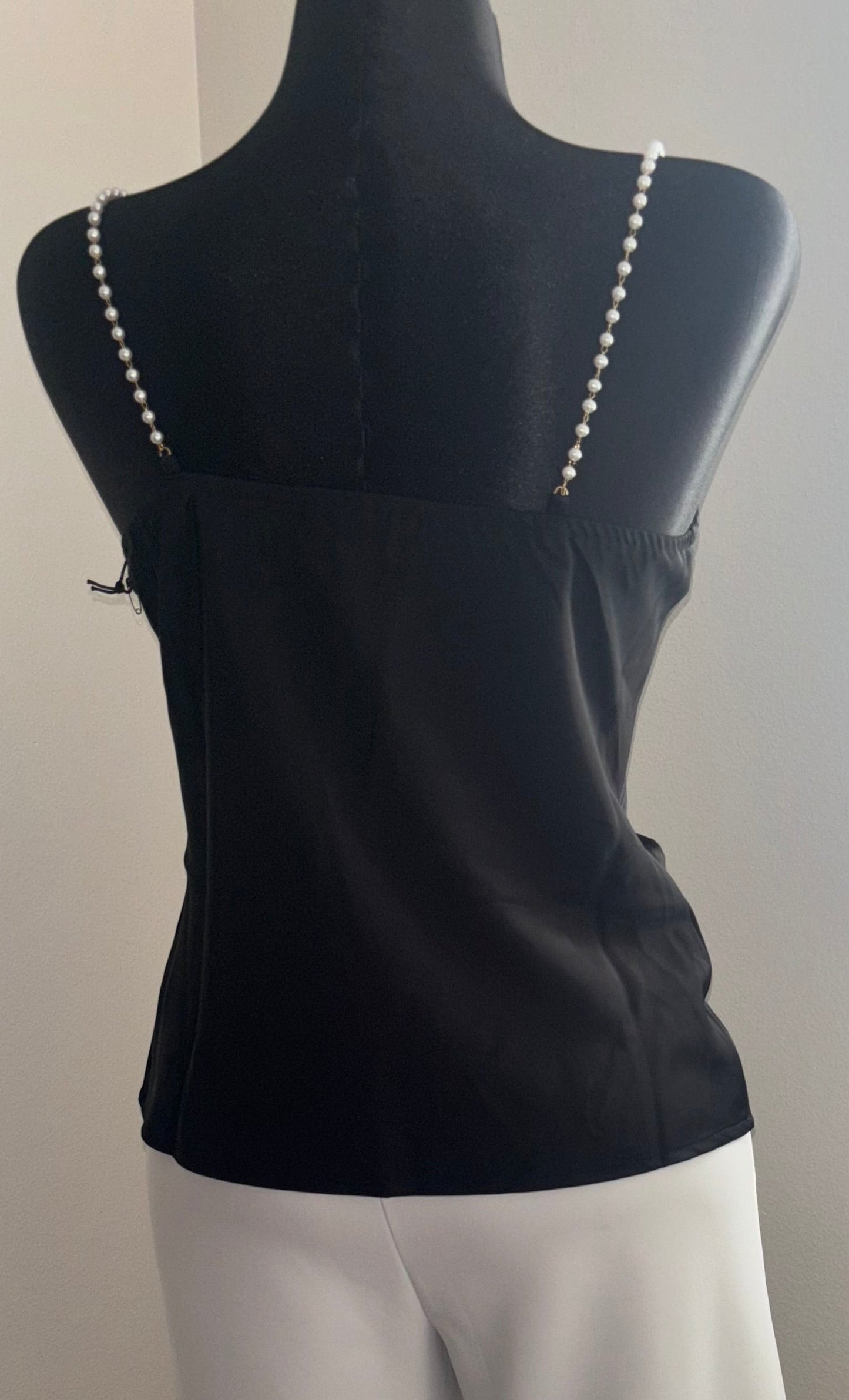 Black Satin Cowl Neck Top with Pearl Straps