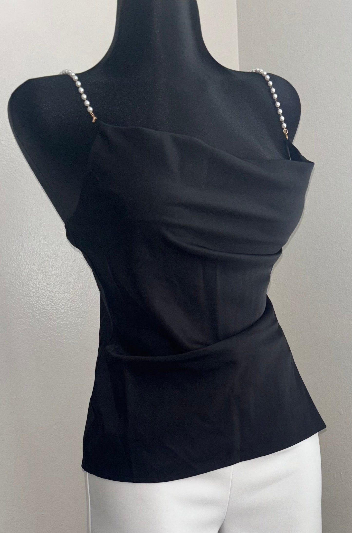 Black Satin Cowl Neck Top with Pearl Straps