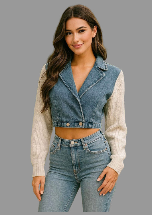 Denim Contrast Knit Sleeve Cropped Jacket