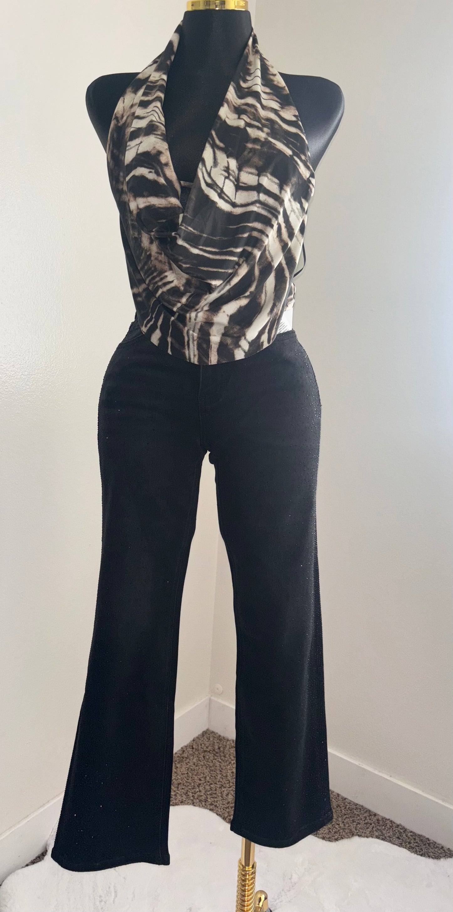 Abstract Satin Halter Top - Brown & Cream Marble Print