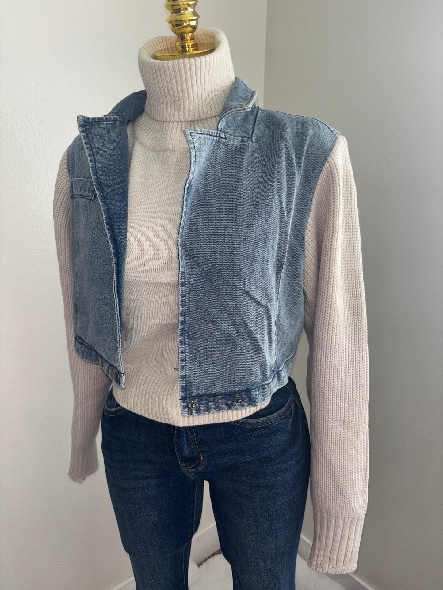 Denim Contrast Knit Sleeve Cropped Jacket