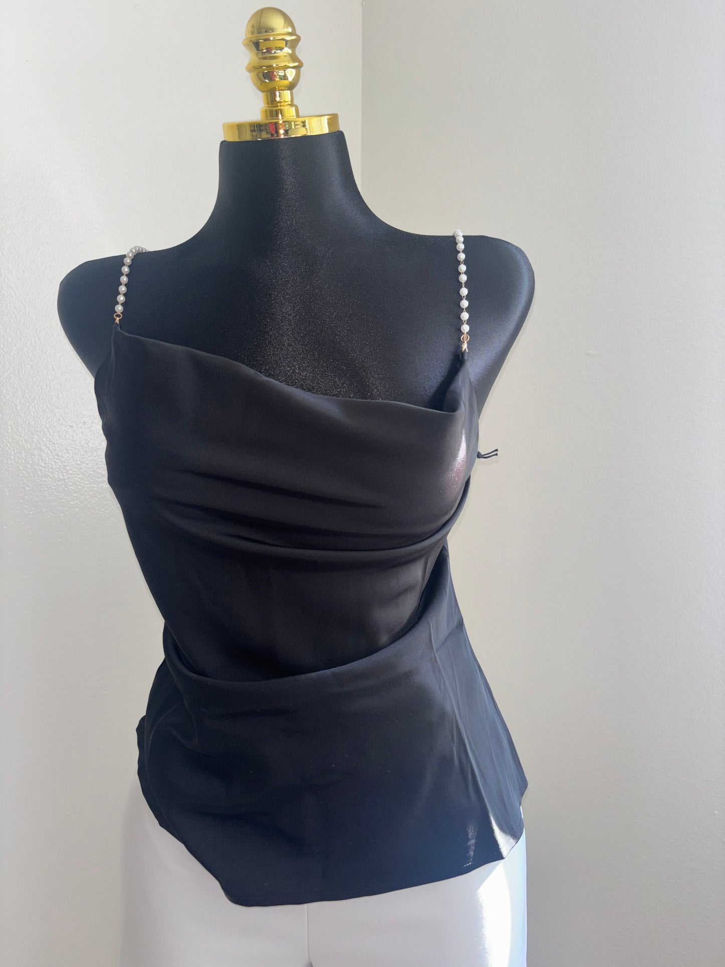 Black Satin Cowl Neck Top with Pearl Straps
