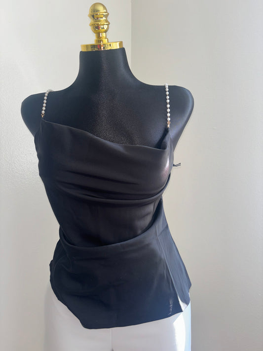 Black Satin Cowl Neck Top with Pearl Straps
