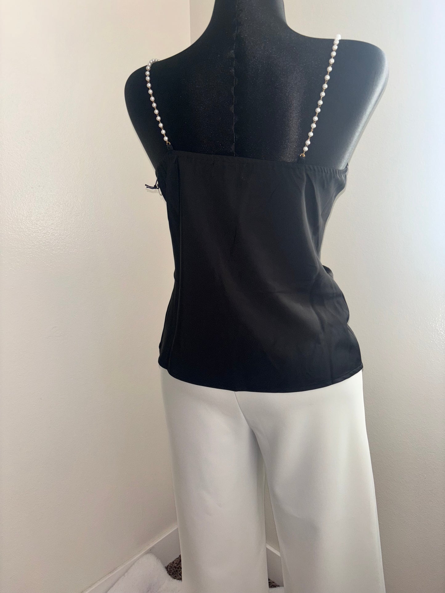 Black Satin Cowl Neck Top with Pearl Straps