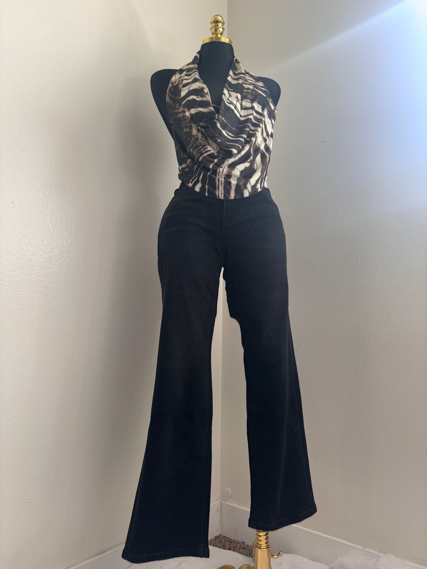 Abstract Satin Halter Top - Brown & Cream Marble Print