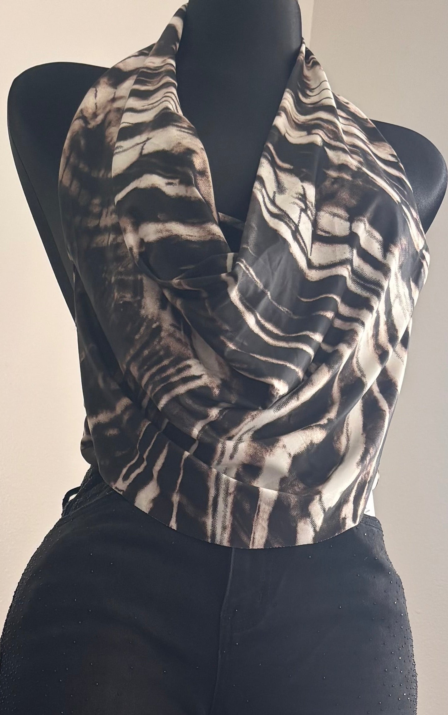 Abstract Satin Halter Top - Brown & Cream Marble Print